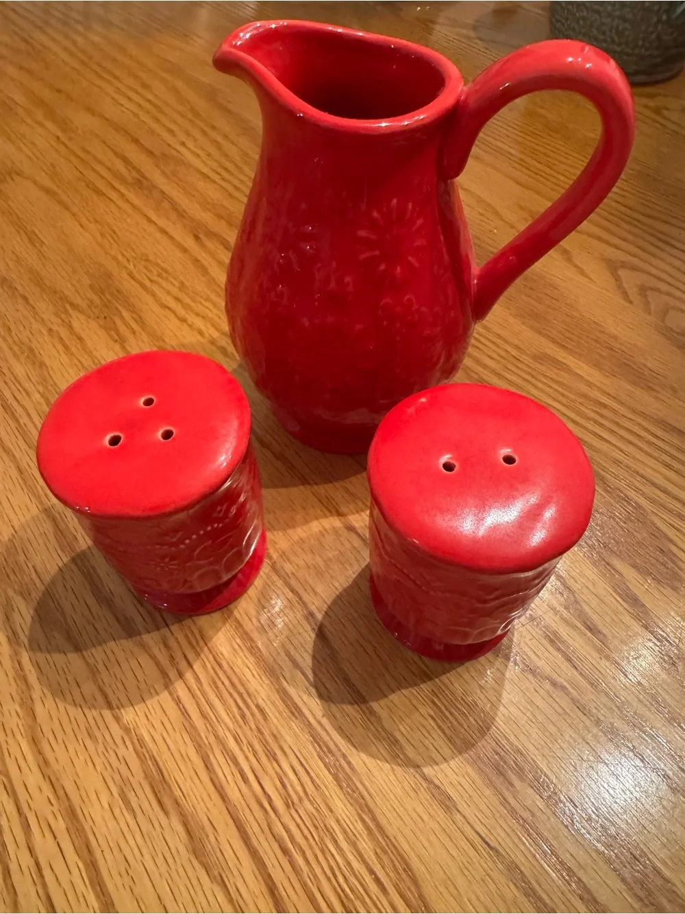 The Pioneer Woman Red Ceramic Creamer with Salt & Pepper Shakers